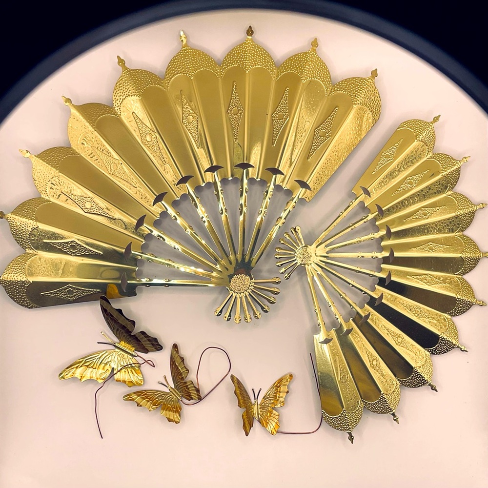 HOME INTERIORS BRASS PLATED FANS AND BUTTERFLIES WALL DISPLAY *VINTAGE**NEW*